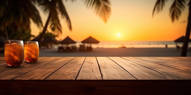 Table en bois vide haut produit affichage vitrine scène été tropical coucher de soleil plage bar fond