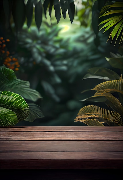 Table en bois vide haut de la scène de vitrine d'affichage du produit avec des feuilles de jungle luxuriante tropicale arrière-plan ai générative