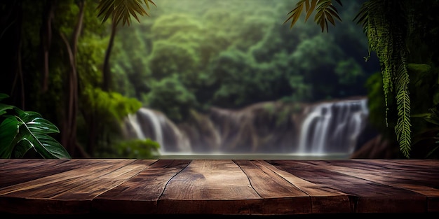 Table en bois vide haut de la scène vitrine d'affichage du produit jungle tropicale et chute d'arrière-plan ai générative