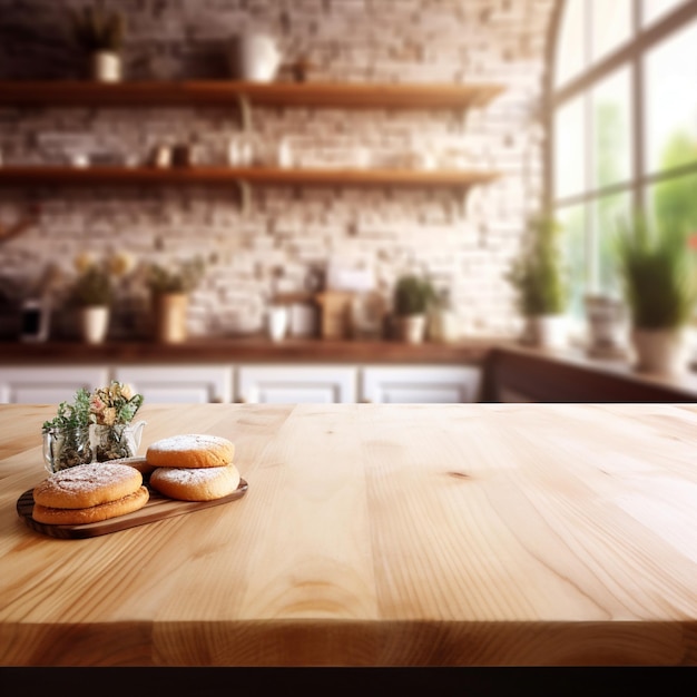 Table en bois vide et intérieur flou de l'arrière-plan de la cuisine moderne Mock up