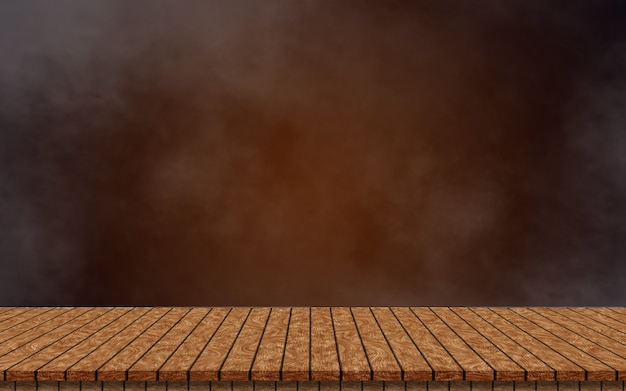 Table en bois vide isolée sur fond brun foncé et fumé. pour simuler votre produit