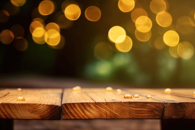 Table en bois vide avec jardin bokeh