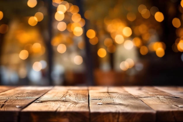 Table en bois vide avec jardin bokeh