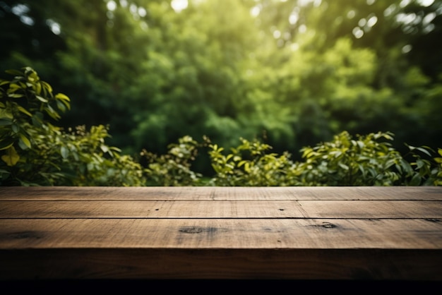 Table en bois vide et jardin flou avec bokeh et lumière du soleil Affichage de produits et de nourriture Génératif