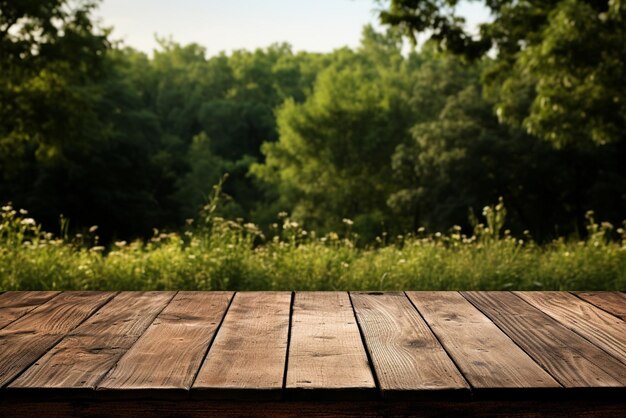 Table en bois vide et jardin flou avec bokeh et lumière du soleil Affichage de produits et de nourriture Génératif