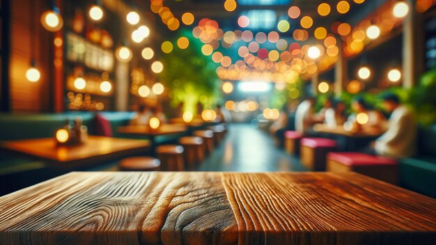 Table en bois vide avec des lumières bokeh sur un fond de restaurant flou transmettant un rafraîchissant un