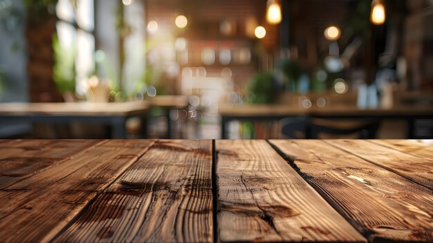 Table en bois vide avec des lumières bokeh sur un fond de restaurant flou