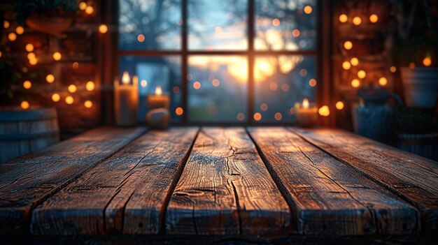 Table en bois vide avec des lumières bokeh