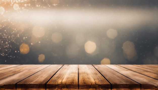 Table en bois vide Mock-up pour l'affichage du produit Bokeh flou sur le fond