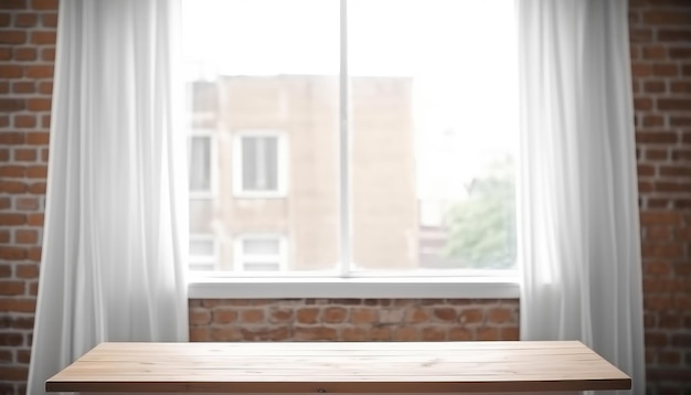 Table en bois vide avec mur de briques et fond de fenêtre AI générative