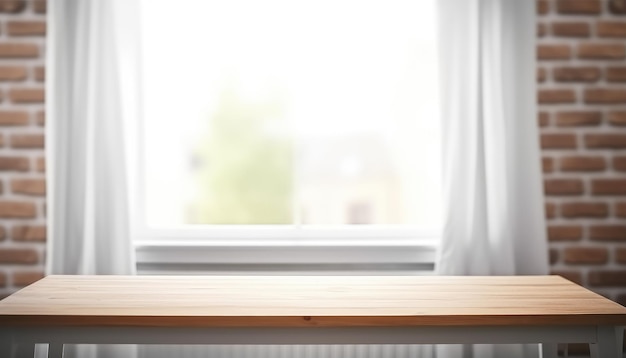 Table en bois vide avec mur de briques et fond de fenêtre AI générative