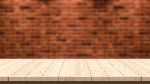 Table en bois vide et mur de briques