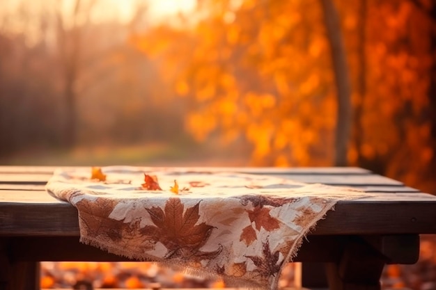 Table en bois vide avec une nappe sur fond de parc naturel d'automne
