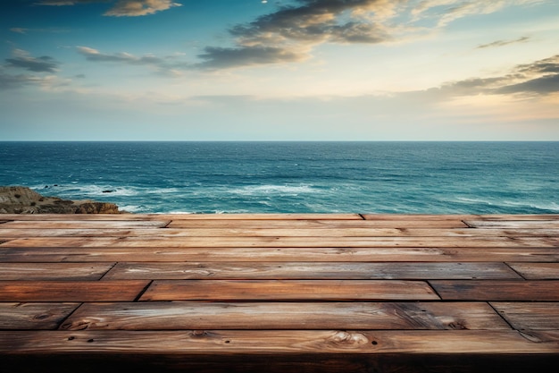 Une table en bois vide avec l'océan derrière elle.