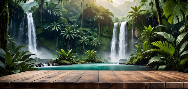 Table en bois vide avec paysage de jungle avec cascade générative d'IA
