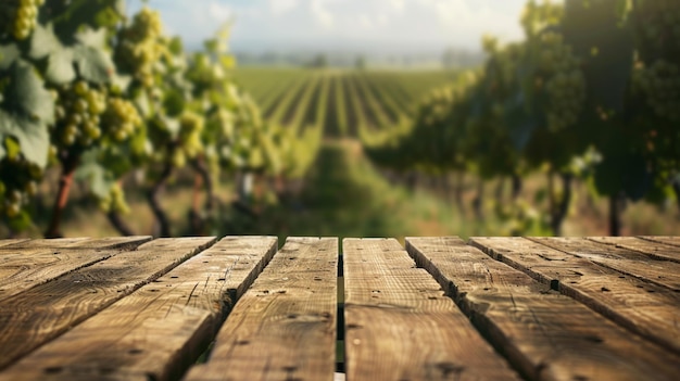 Table en bois vide avec un paysage de vignoble flou en arrière-plan Mockup pour les produits viticoles