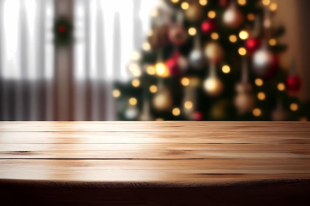 Table en bois vide et pièce floue avec arbre de Noël Design génératif ai