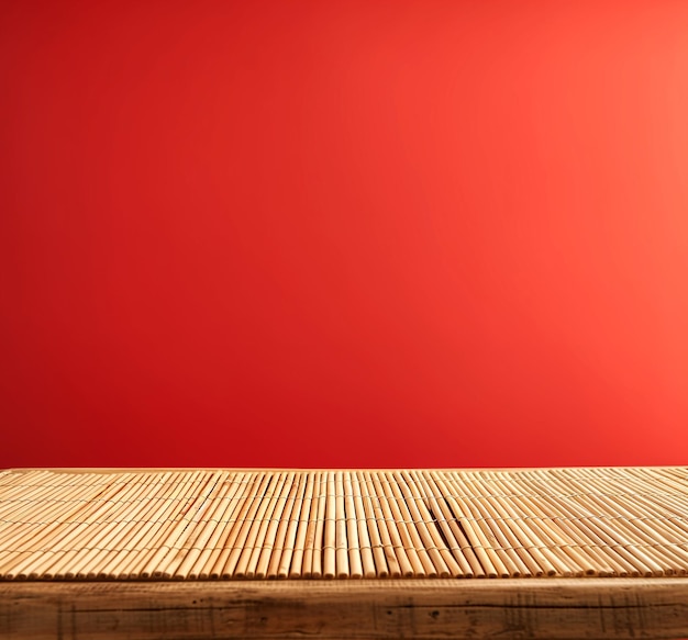 Une table en bois vide avec une place en bambou.