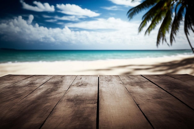 Table en bois vide sur la plage de la mer bleue et fond de noix de coco en été pour le produit d'affichage Generative AI