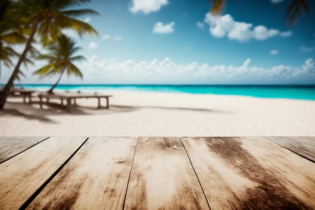 Table en bois vide sur une plage avec un palmier en arrière-plan