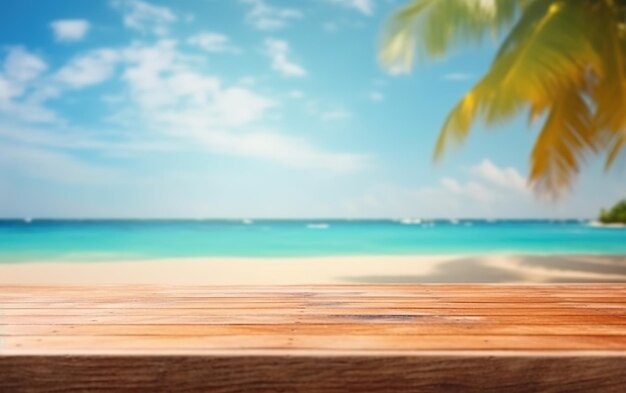 Table en bois vide avec une plage et des palmiers en arrière-plan