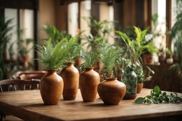 Une table en bois vide avec des plantes dans des vases esthétiques.