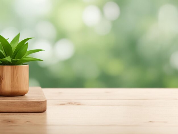 Table en bois vide et plantes floues sur l'espace de copie d'arrière-plan pour votre produit objet