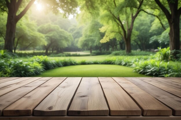 Table en bois vide en plein air parc vert arrière-plan de la nature modèle d'affichage du produit