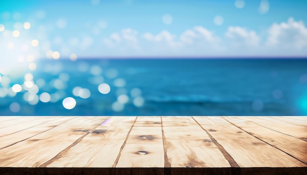 Table en bois vide pour l'affichage du produit et espace de copie de fond de mer étincelante floue