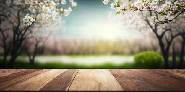 Table en bois vide pour l'affichage du produit avec fond de fleur de cerisier de printemps