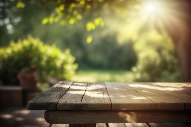 Table en bois vide pour l'affichage du produit avec fond de jardin flou Ai générative