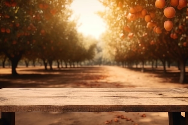 Une table en bois vide pour l'affichage du produit Orchard de pommes d'automne flou à l'arrière-plan Image générative d'IA