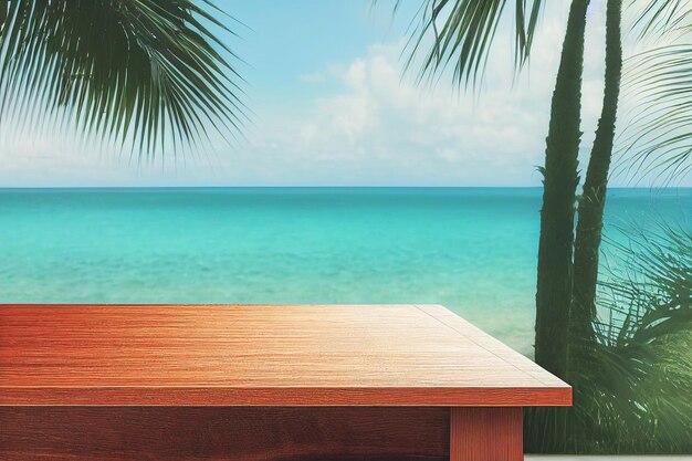 Table en bois vide pour l'affichage du produit avec vue sur fond de plage tropicale