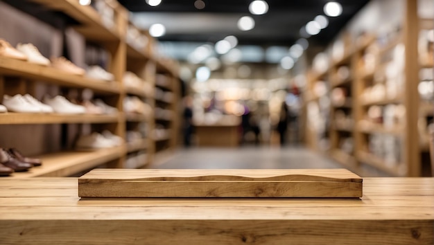 Photo table en bois vide pour l'affichage des produits avec un fond flou de boutique de chaussures