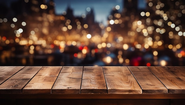 Table en bois vide pour les montages d'affichage de produits contre la ville floue la nuit AI générative