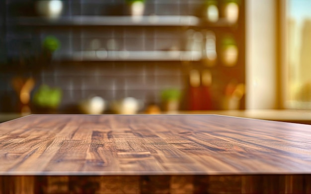 Table en bois vide pour le placement de produit ou le montage avec fond de cuisine flou