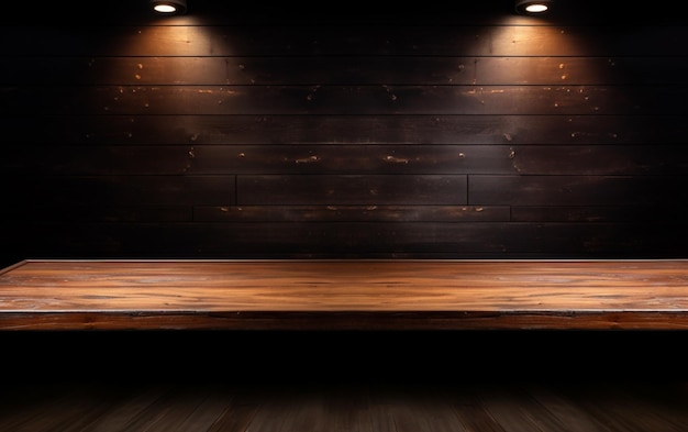 Une table en bois vide pour la présentation avec un fond sombre et un éclairage encastré isolé