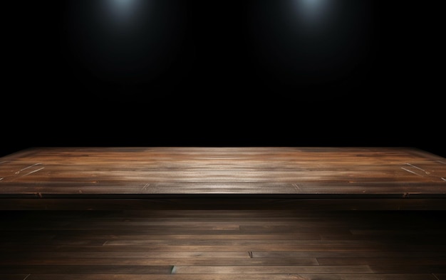 Une table en bois vide pour la présentation avec un fond sombre et un éclairage encastré isolé