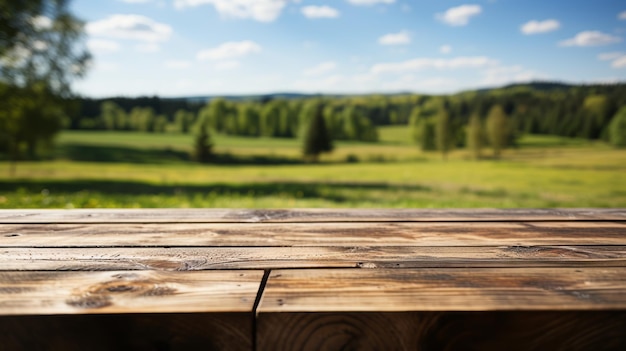 Table en bois vide avec un pré serein et des arbres