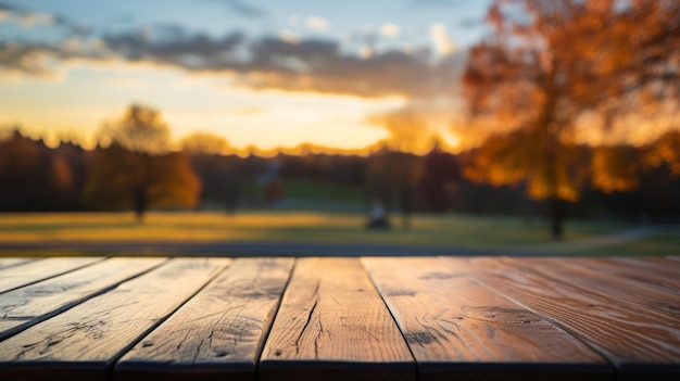 Table en bois vide avec un pré serein et des arbres