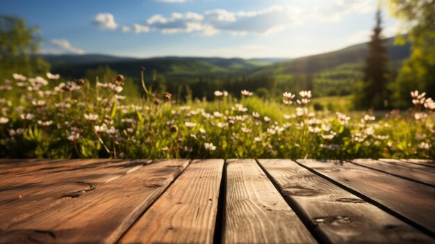 Photo table en bois vide avec un pré serein et des arbres