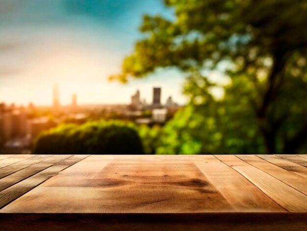 Photo table en bois vide présentation de produit de style rustique avec fond flou du parc de la ville