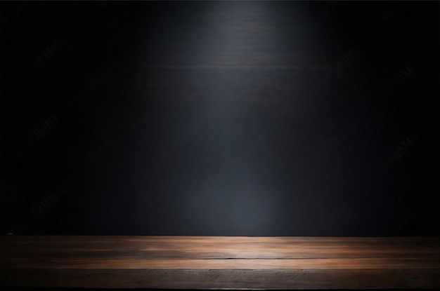 Photo table en bois vide et projecteur fond noir montage d'affichage du produit
