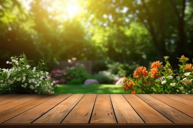 Photo table en bois vide spring time blossoms avec fond de nature verte généré ai