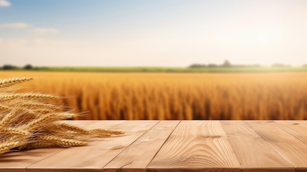 Table en bois vide de style moderne pour la présentation de produits avec un champ de blé flou et une vieille grange en arrière-plan