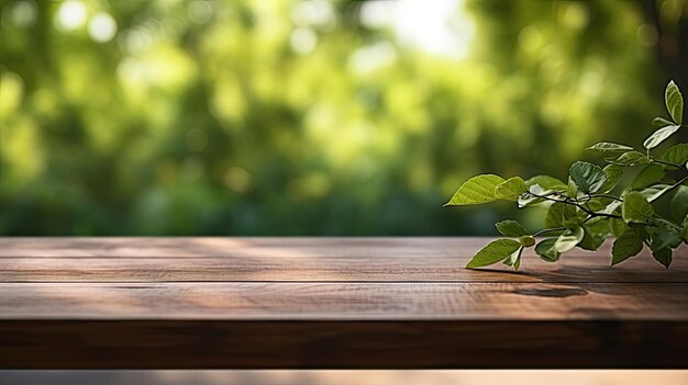 Table en bois vide de style moderne pour la présentation de produits avec une forêt d'été verte floue en arrière-plan