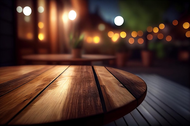 Table en bois vide sur une terrasse dans un cadre urbain nocturne ai générative