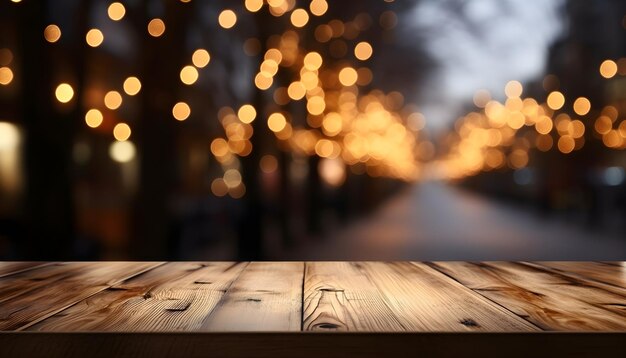 Table en bois vide avec un thème de Noël en arrière-plan