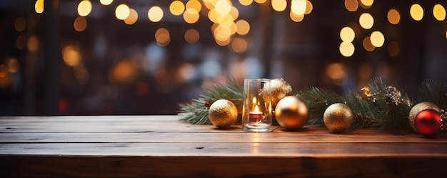 Table en bois vide avec un thème de Noël en arrière-plan