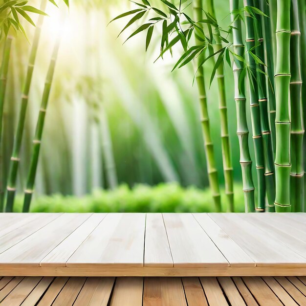 Table en bois vide avec des tiges de bambou vertes floues générées par l'IA